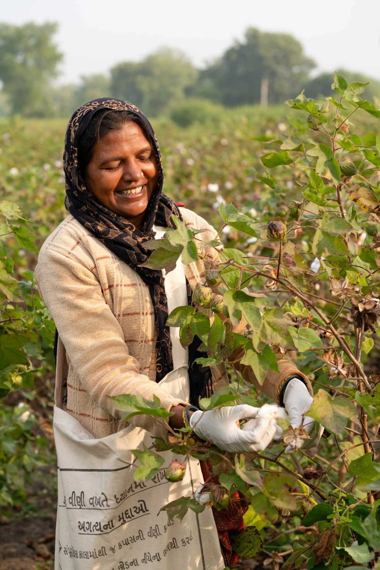 A woman smiling whilst harvesting cotton