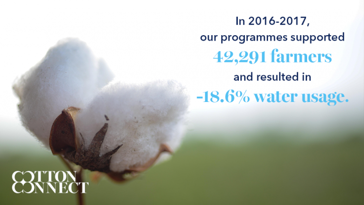 Cotton image with text over the top saying' ‘ In 2016-2017, our programmes supported 42,291 farmers and resulted in -18.6% water usuage’